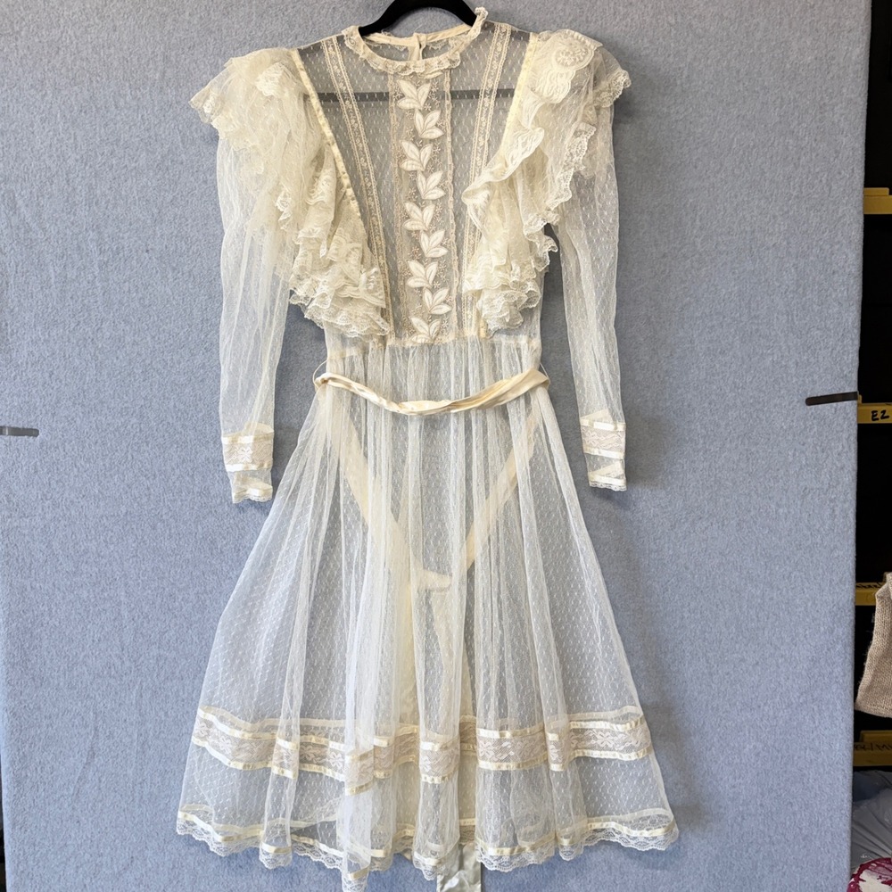 Vintage Gunne Sax Victorian Revival Sheer Midi Lace Dress